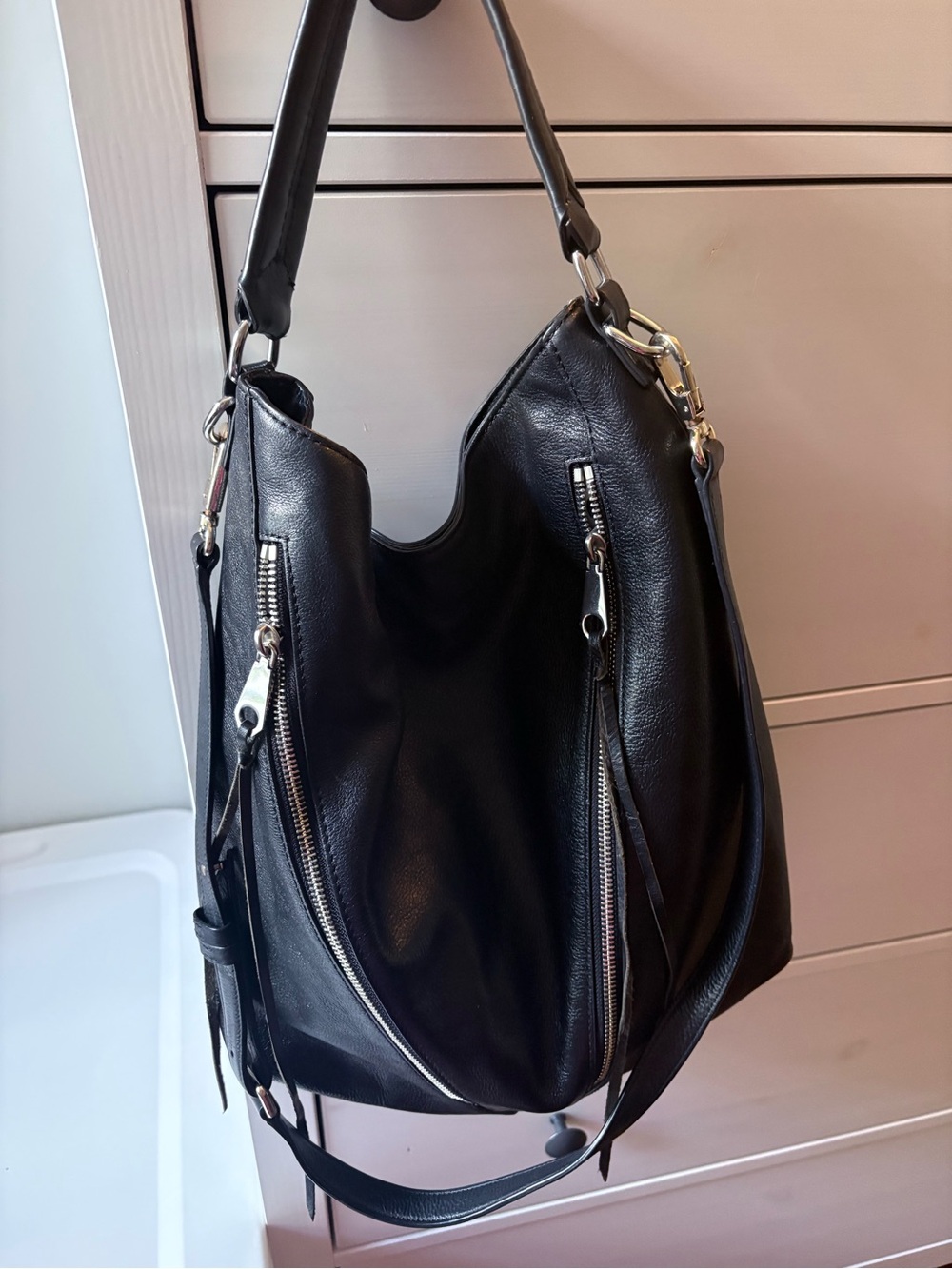 Rebecca Minkoff Black Leather Hobo with Diagonal Silver Zippers - Picture 4 of 5